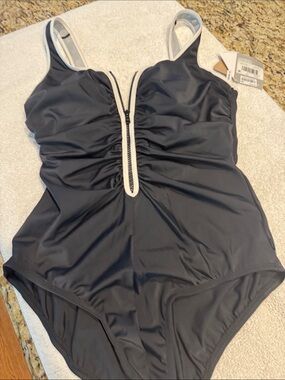 Reebok Black and White One-Piece Swimsuit with Front Zip. New and never worn.